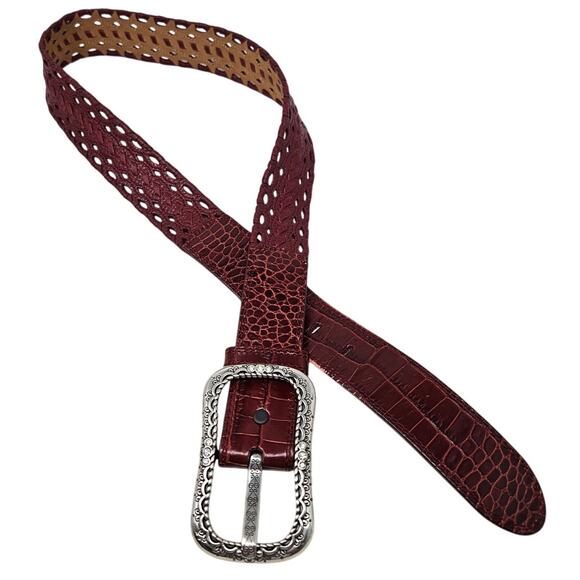 Brighton 34 Brown Leather Croc Embossed Belt Classic Cut Out Rhinestone - Picture 1 of 4